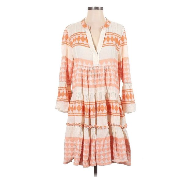 PEARL & CAVIAR Zakar Cotton 3/4 Sleeve Peach and Cream Greek Santorini Dress - Picture 3 of 8